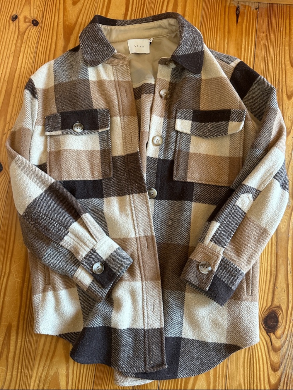 Lush Women’s Plaid Shacket in Brown, Cream & Tan
